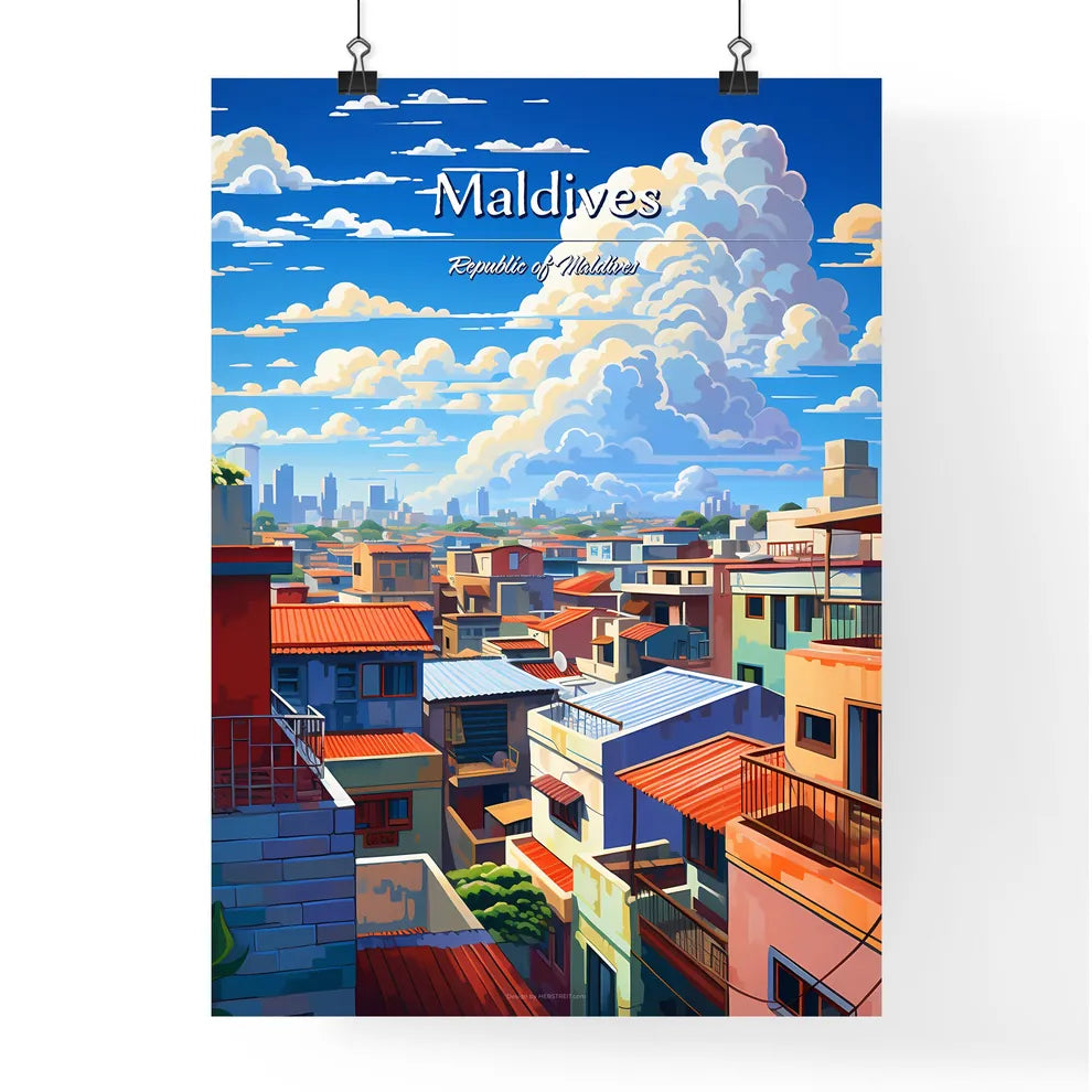 On the roofs of Maldives, Republic of Maldives - Art print of a city with many buildings and clouds in the sky Poster