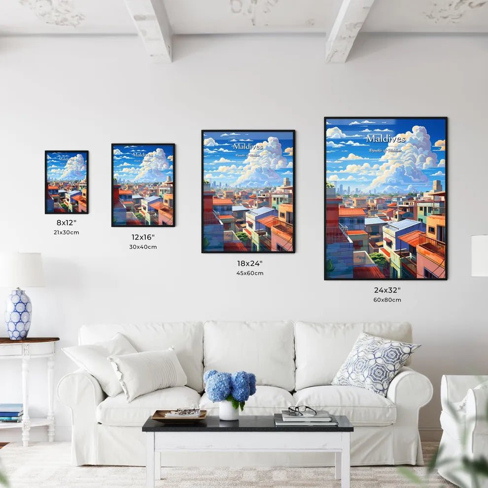 On the roofs of Maldives, Republic of Maldives - Art print of a city with many buildings and clouds in the sky Size Chart