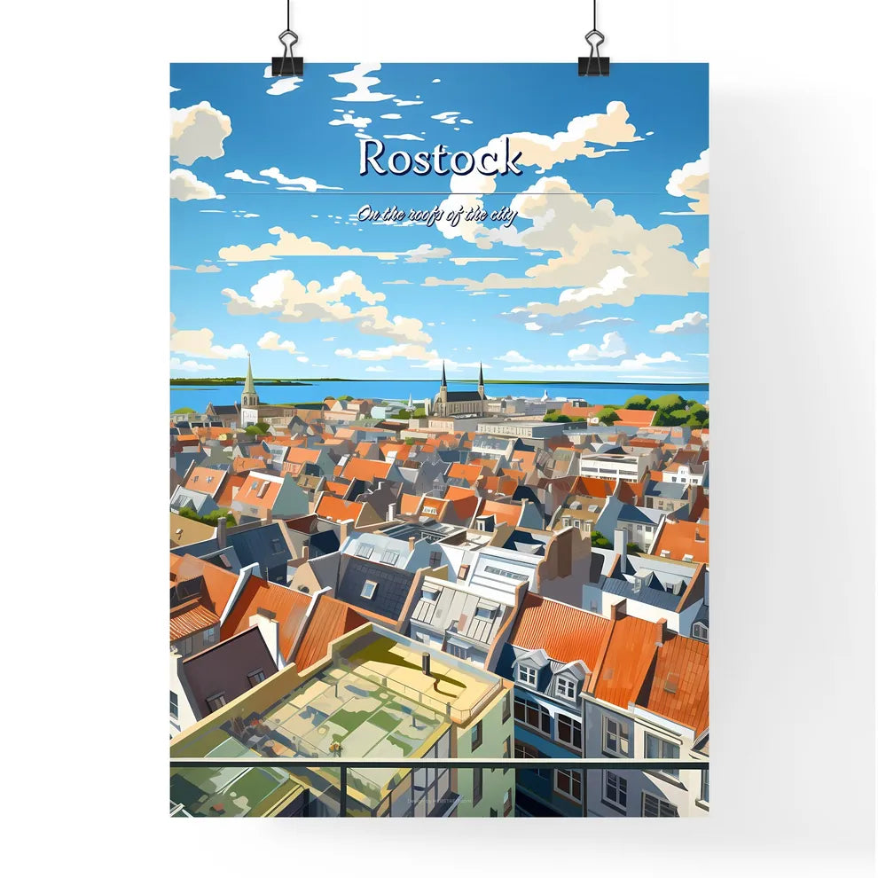 On the roofs of Rostock - Art print of a city with many roofs and a body of water Poster