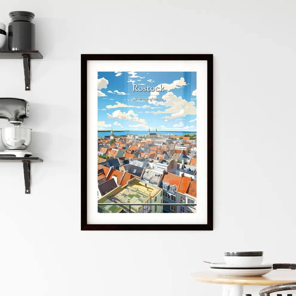 On the roofs of Rostock - Art print of a city with many roofs and a body of water Custom Print