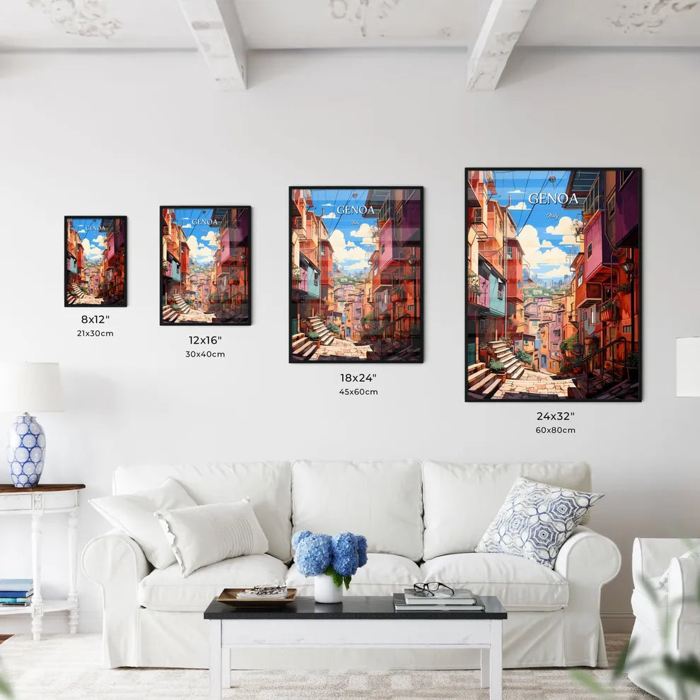 Genoa, Italy - Art print of a colorful buildings in Little Italy Size Chart