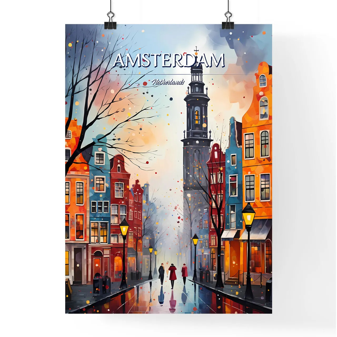 Amsterdam, Netherlands - Art print of a painting of a street with buildings and a tower Poster