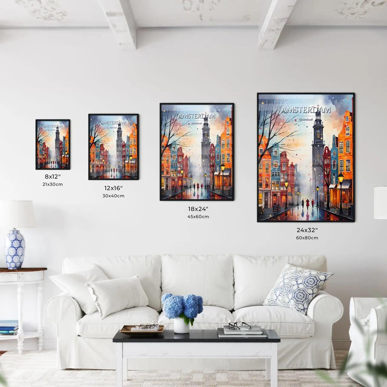 Amsterdam, Netherlands - Art print of a painting of a street with buildings and a tower Size Chart