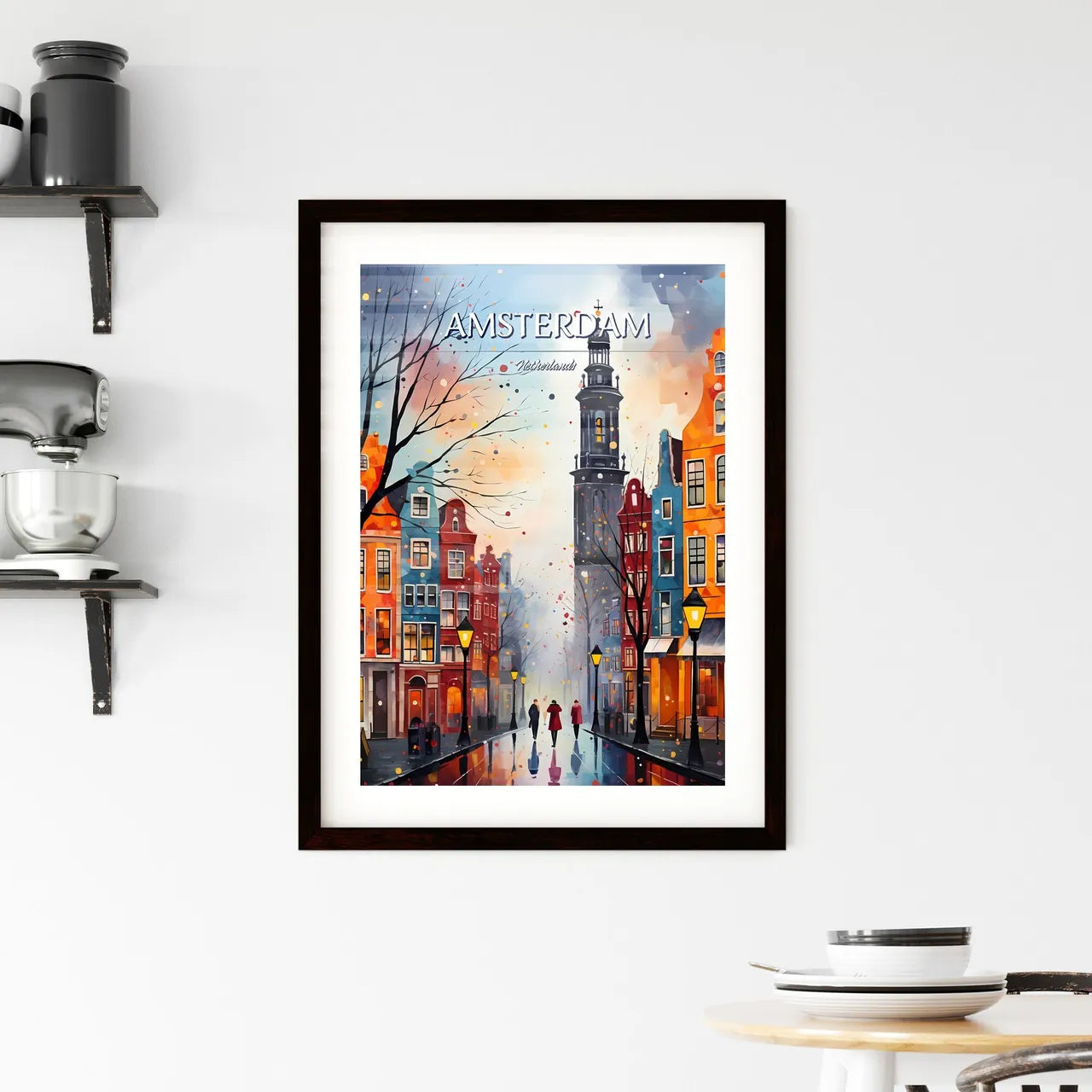 Amsterdam, Netherlands - Art print of a painting of a street with buildings and a tower Custom Print