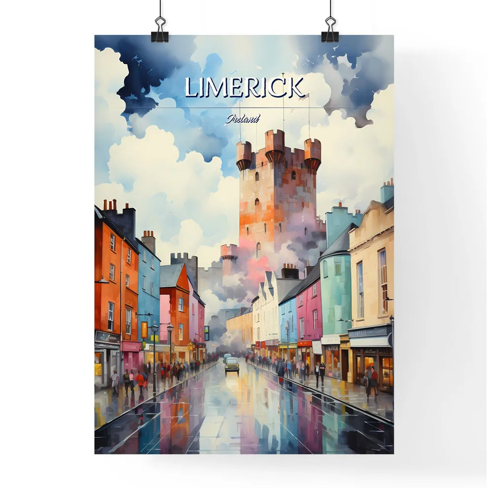 Limerick, Ireland - Art print of a street with buildings and a castle in the background Poster