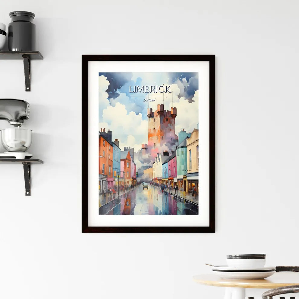 Limerick, Ireland - Art print of a street with buildings and a castle in the background Custom Print