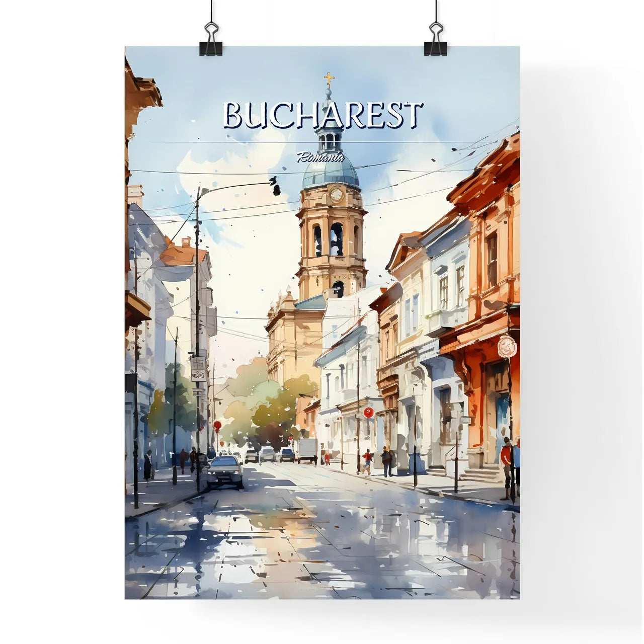 Bucharest, Romania - Art print of a watercolor of a street with buildings and a tower Poster