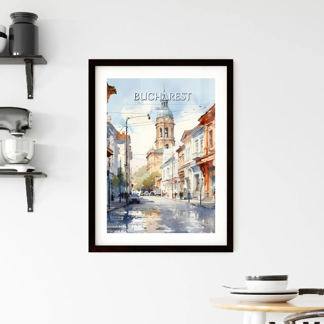 Bucharest, Romania - Art print of a watercolor of a street with buildings and a tower Custom Print