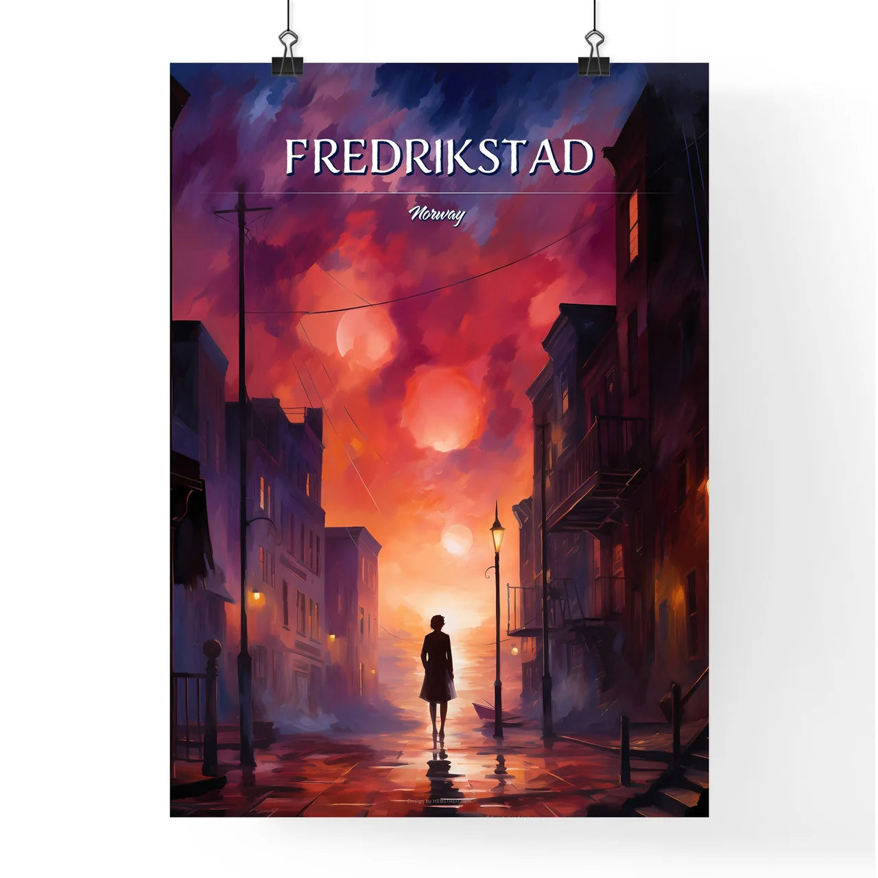 Fredrikstad, Norway - Art print of a woman standing on a street in a city Poster