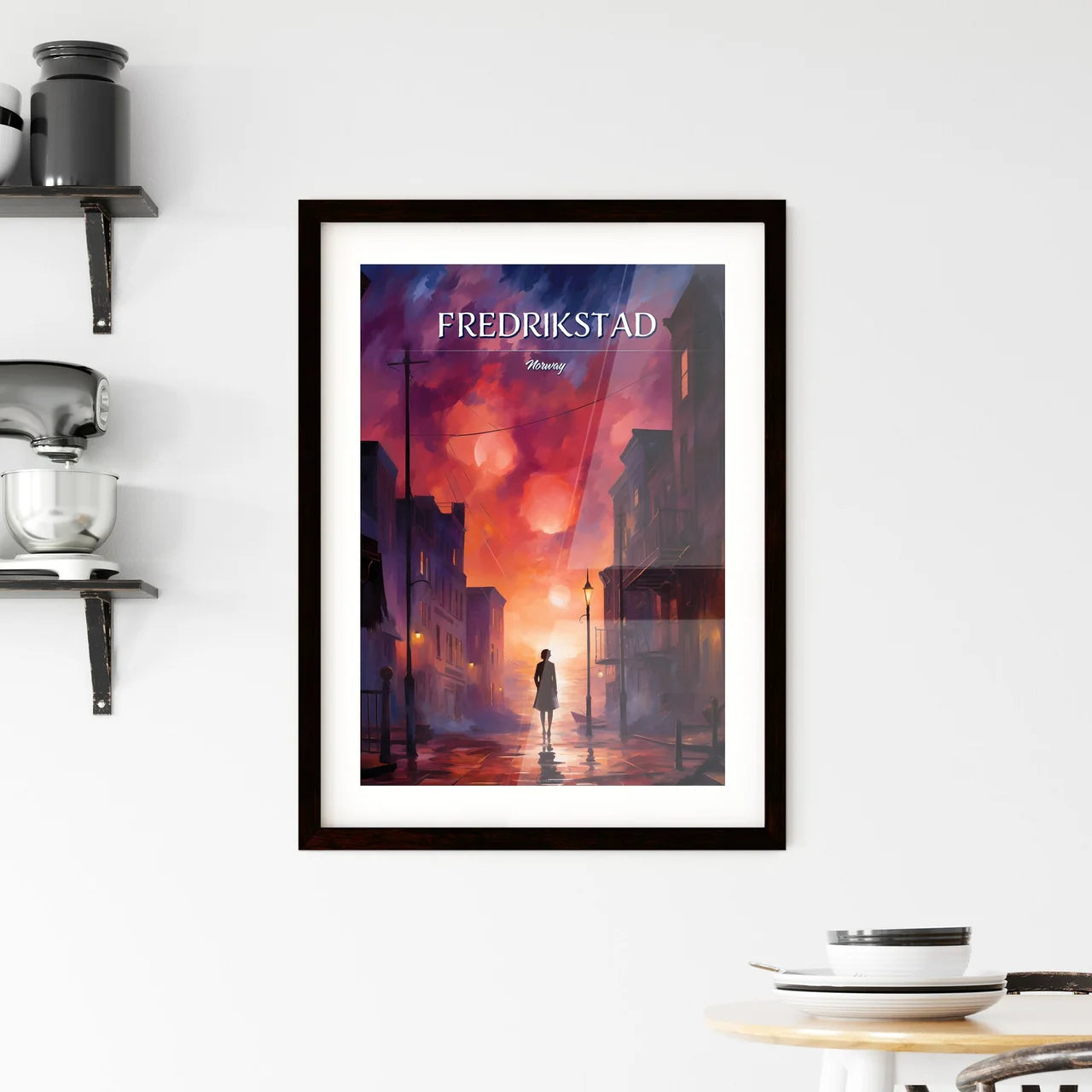 Fredrikstad, Norway - Art print of a woman standing on a street in a city Custom Print