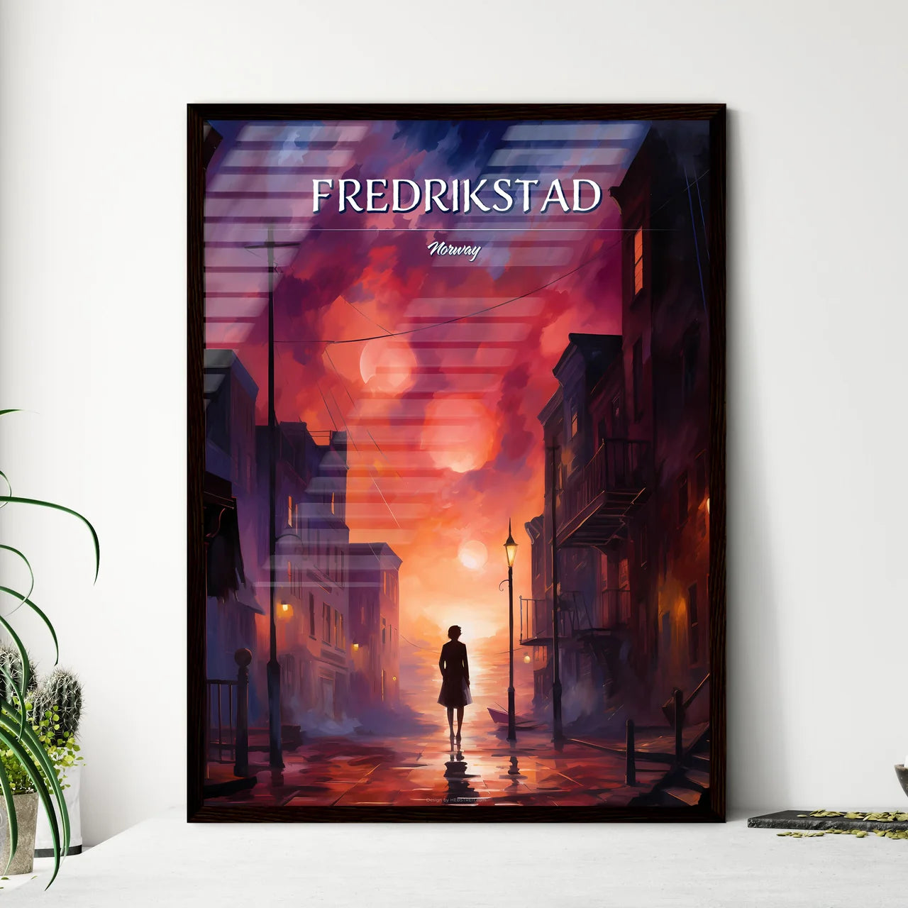 Fredrikstad, Norway - Art print of a woman standing on a street in a city Framed Art