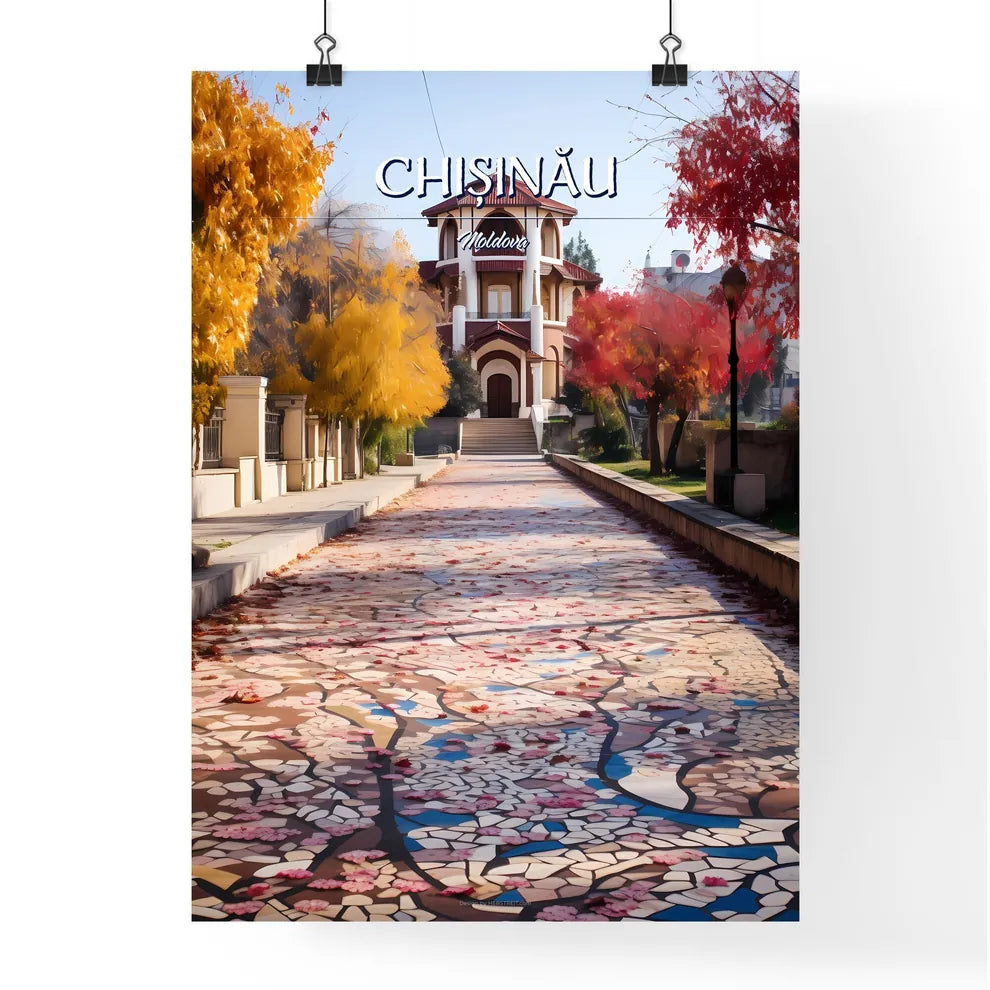 Chișinău, Moldova - Art print of a stone path with trees and a building in the background Poster