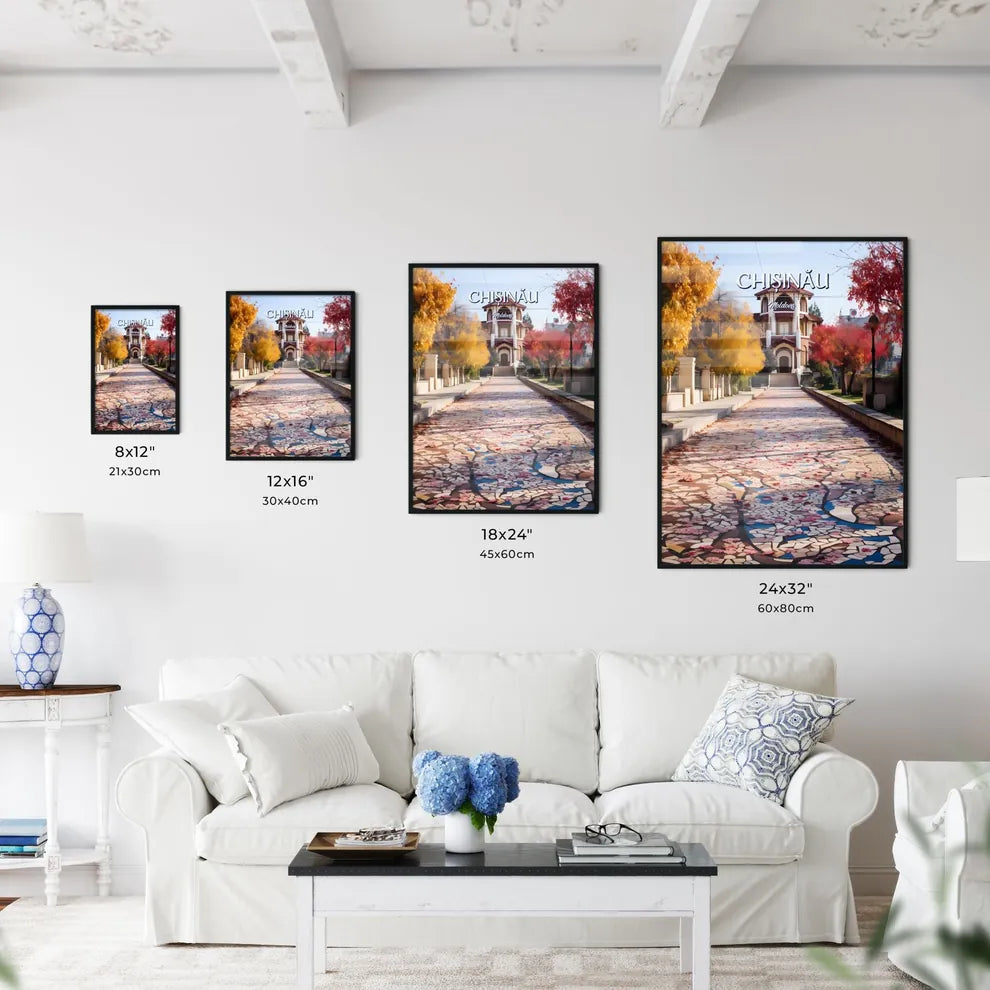 Chișinău, Moldova - Art print of a stone path with trees and a building in the background Size Chart
