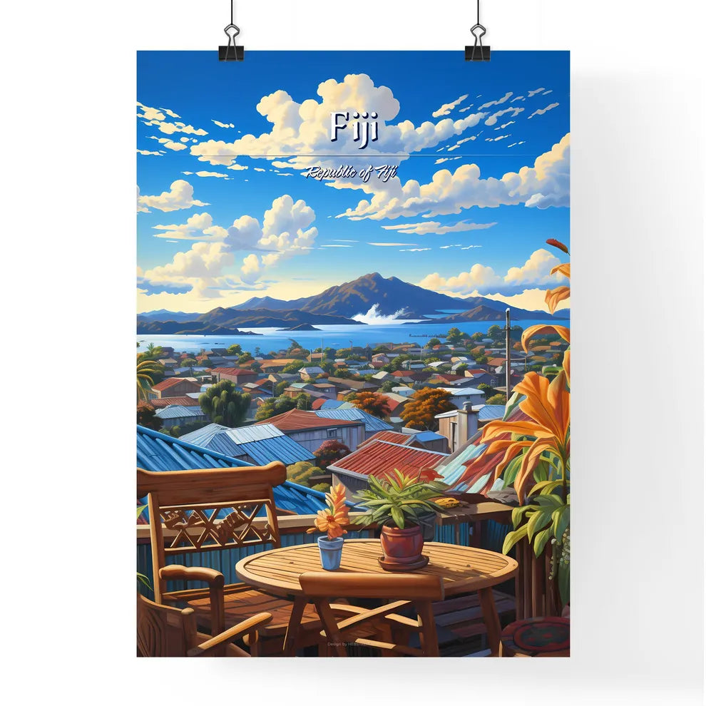 On the roofs of Fiji, Republic of Fiji - Art print of a view of a town from a balcony Poster