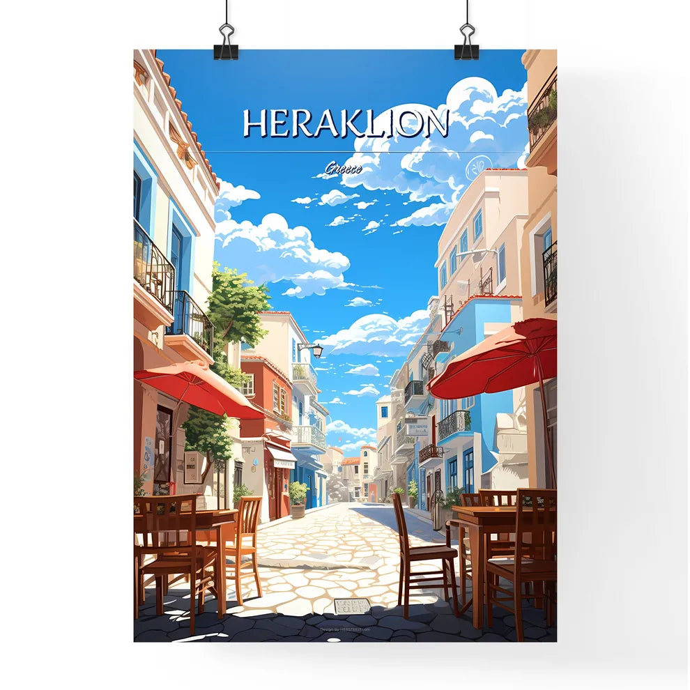 Heraklion, Greece - Art print of a street with tables and umbrellas Poster