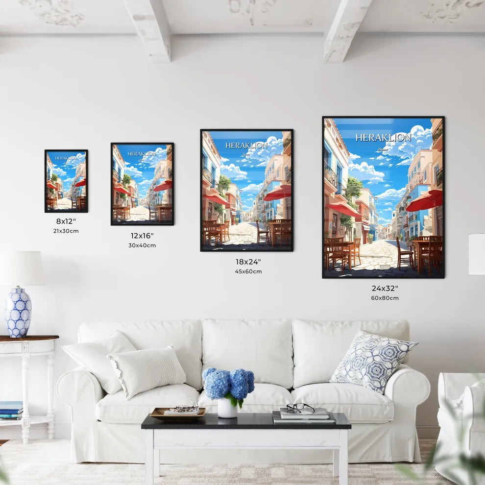 Heraklion, Greece - Art print of a street with tables and umbrellas Size Chart