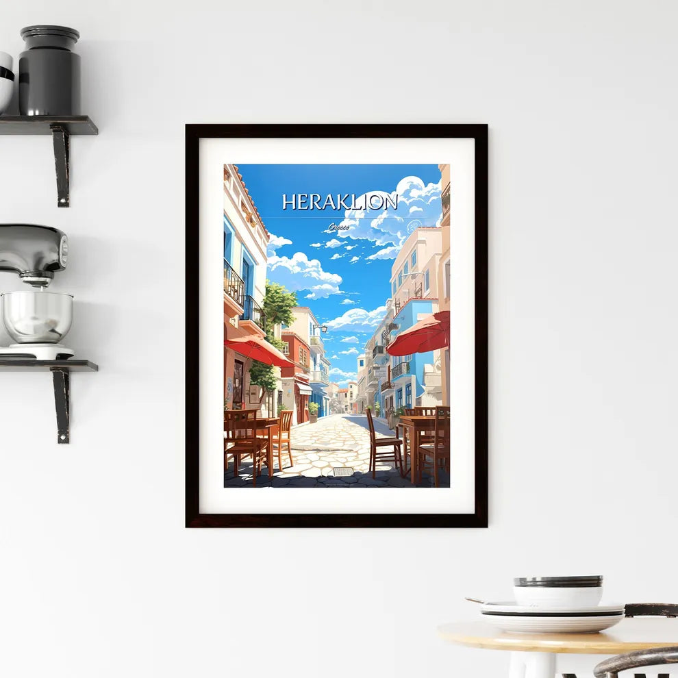 Heraklion, Greece - Art print of a street with tables and umbrellas Custom Print