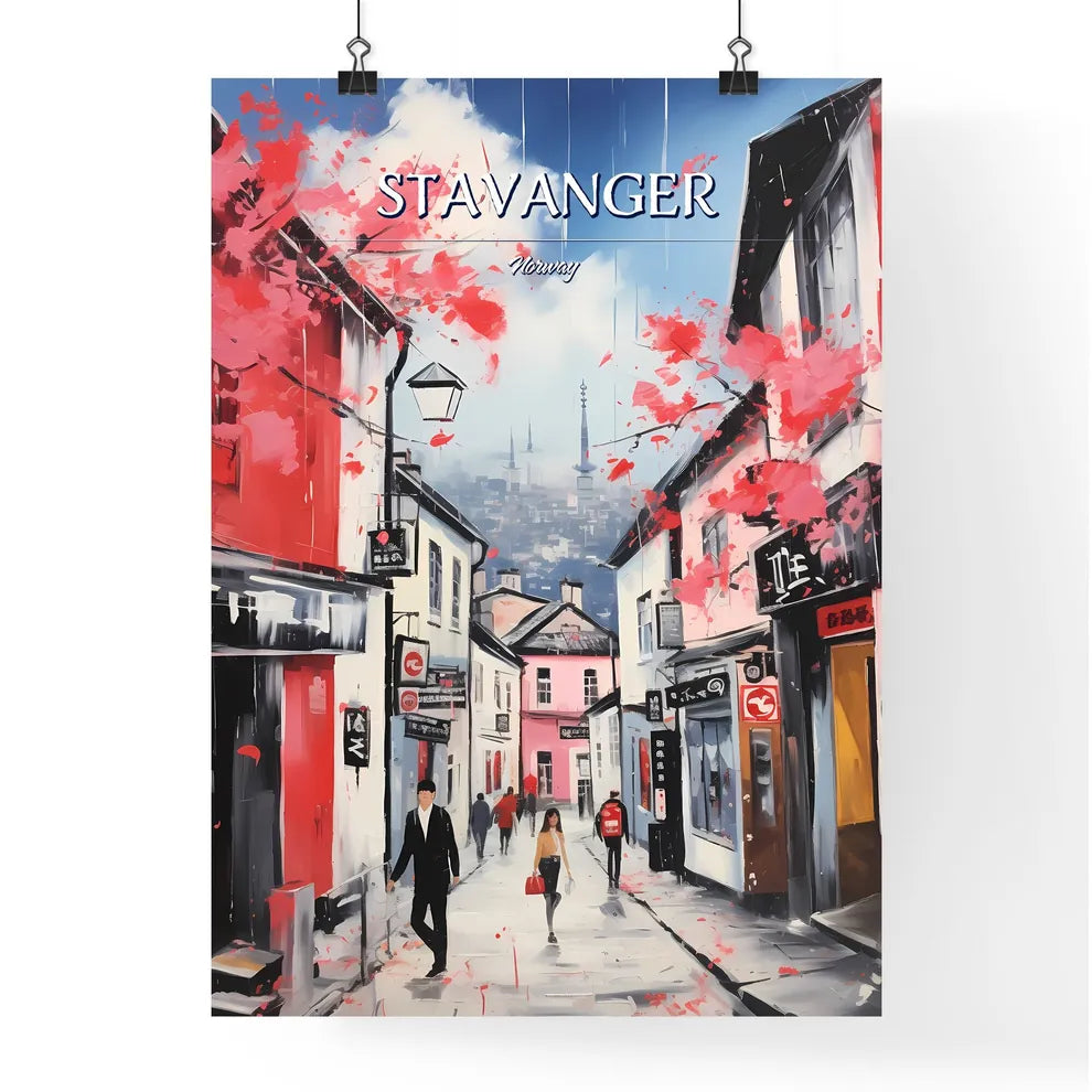 Stavanger, Norway - Art print of a painting of a street with buildings and people walking with Kobe Chinatown in the background Poster