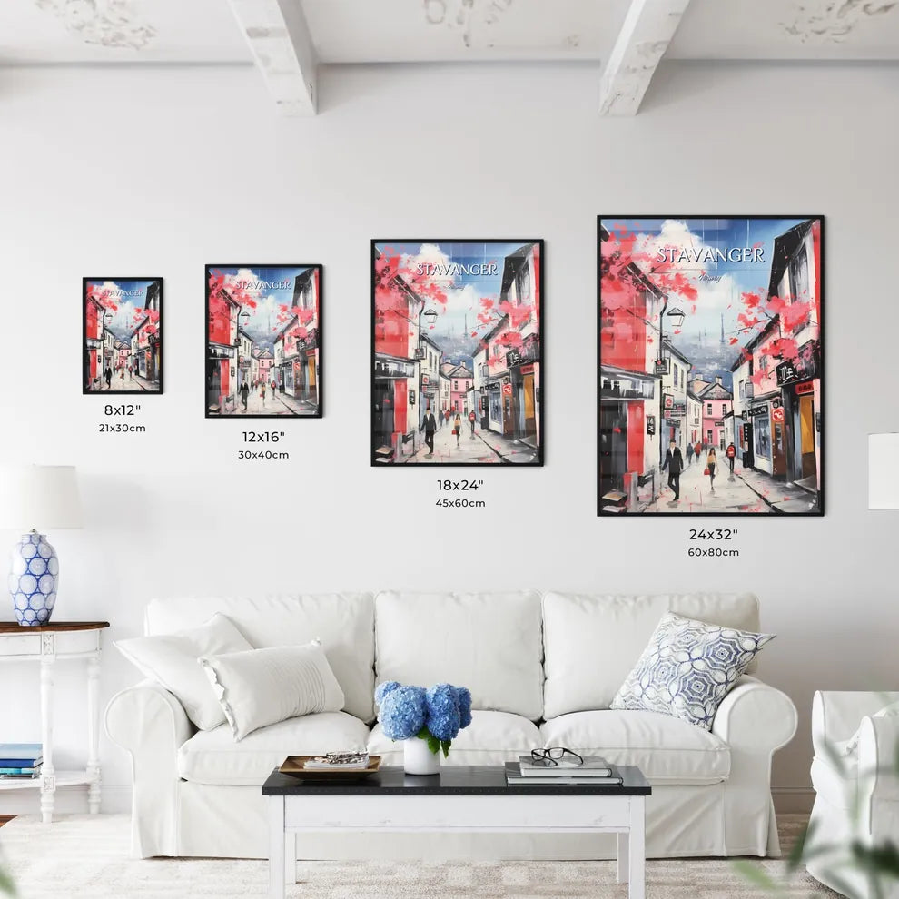 Stavanger, Norway - Art print of a painting of a street with buildings and people walking with Kobe Chinatown in the background Size Chart