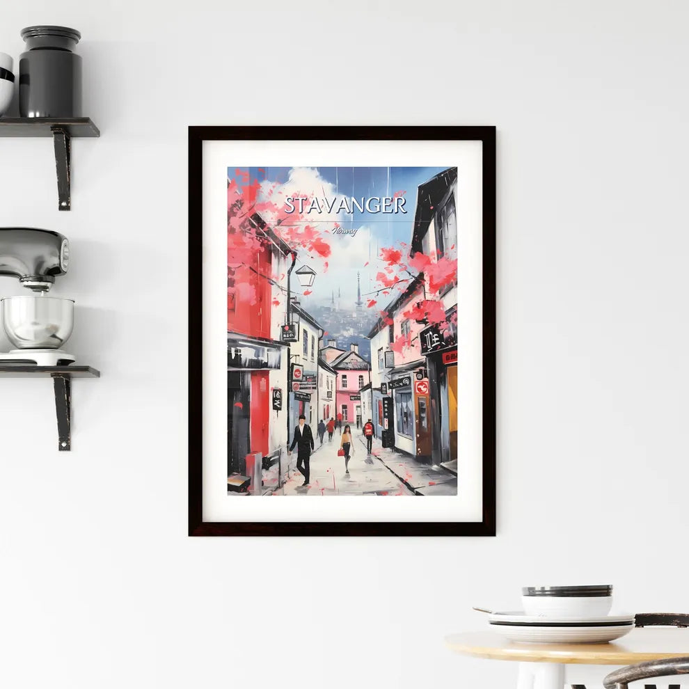Stavanger, Norway - Art print of a painting of a street with buildings and people walking with Kobe Chinatown in the background Custom Print