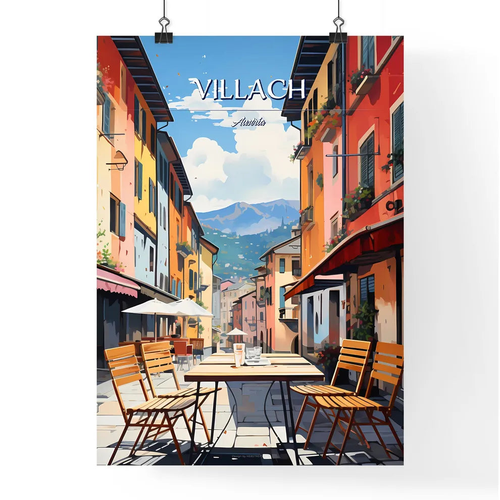 Villach, Austria - Art print of a table and chairs in a street Poster