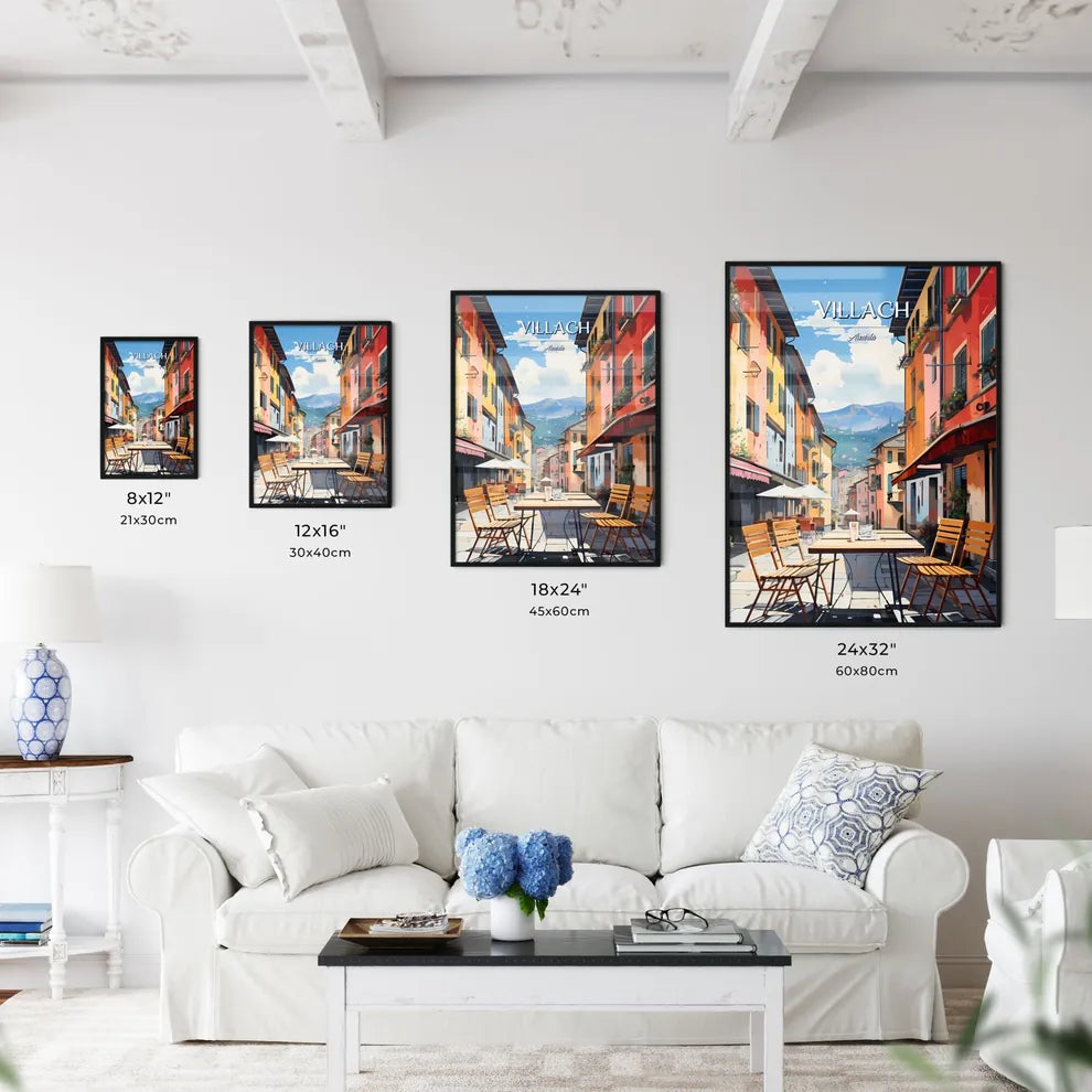 Villach, Austria - Art print of a table and chairs in a street Size Chart