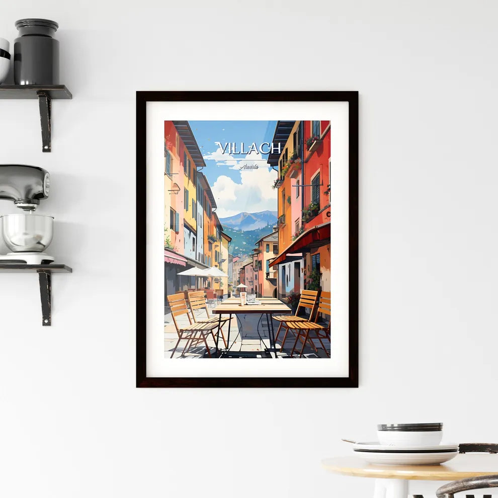Villach, Austria - Art print of a table and chairs in a street Custom Print