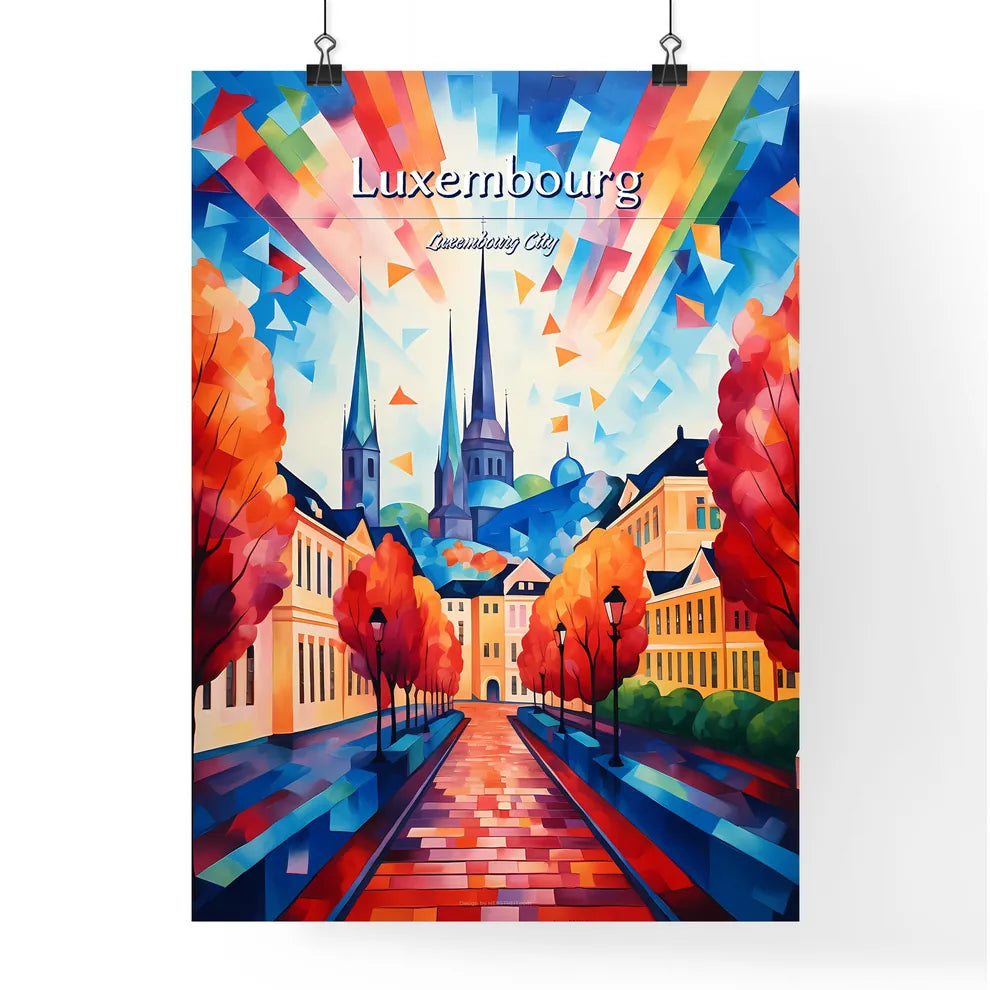Luxembourg City, Luxembourg - Art print of a colorful painting of a street with trees and buildings Poster