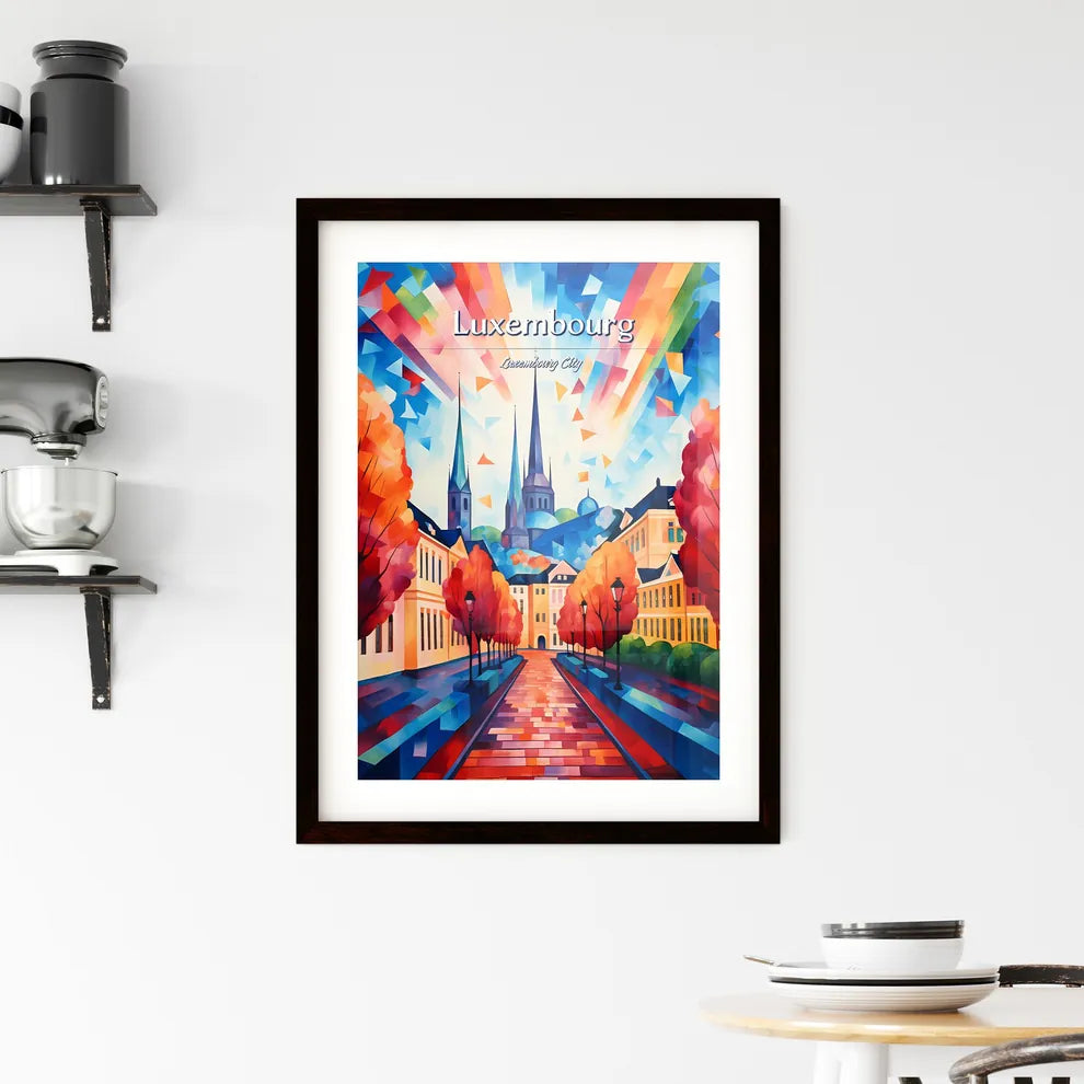 Luxembourg City, Luxembourg - Art print of a colorful painting of a street with trees and buildings Custom Print
