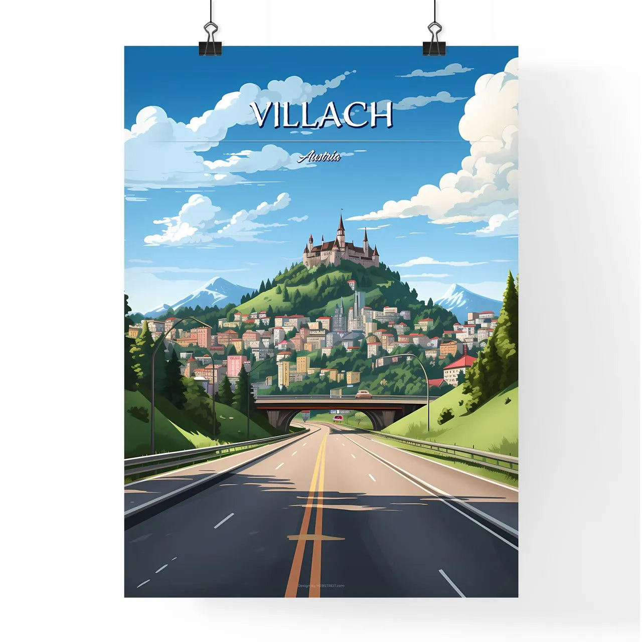 Villach, Austria - Art print of a road with a castle on top of a hill Poster