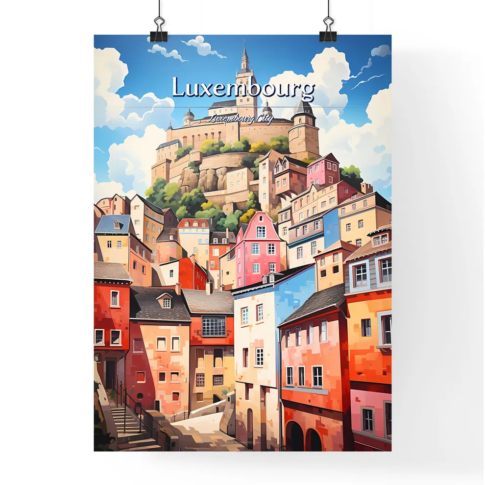 Luxembourg City, Luxembourg - Art print of a colorful buildings with a castle on a hill Poster