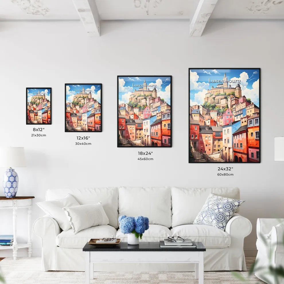 Luxembourg City, Luxembourg - Art print of a colorful buildings with a castle on a hill Size Chart