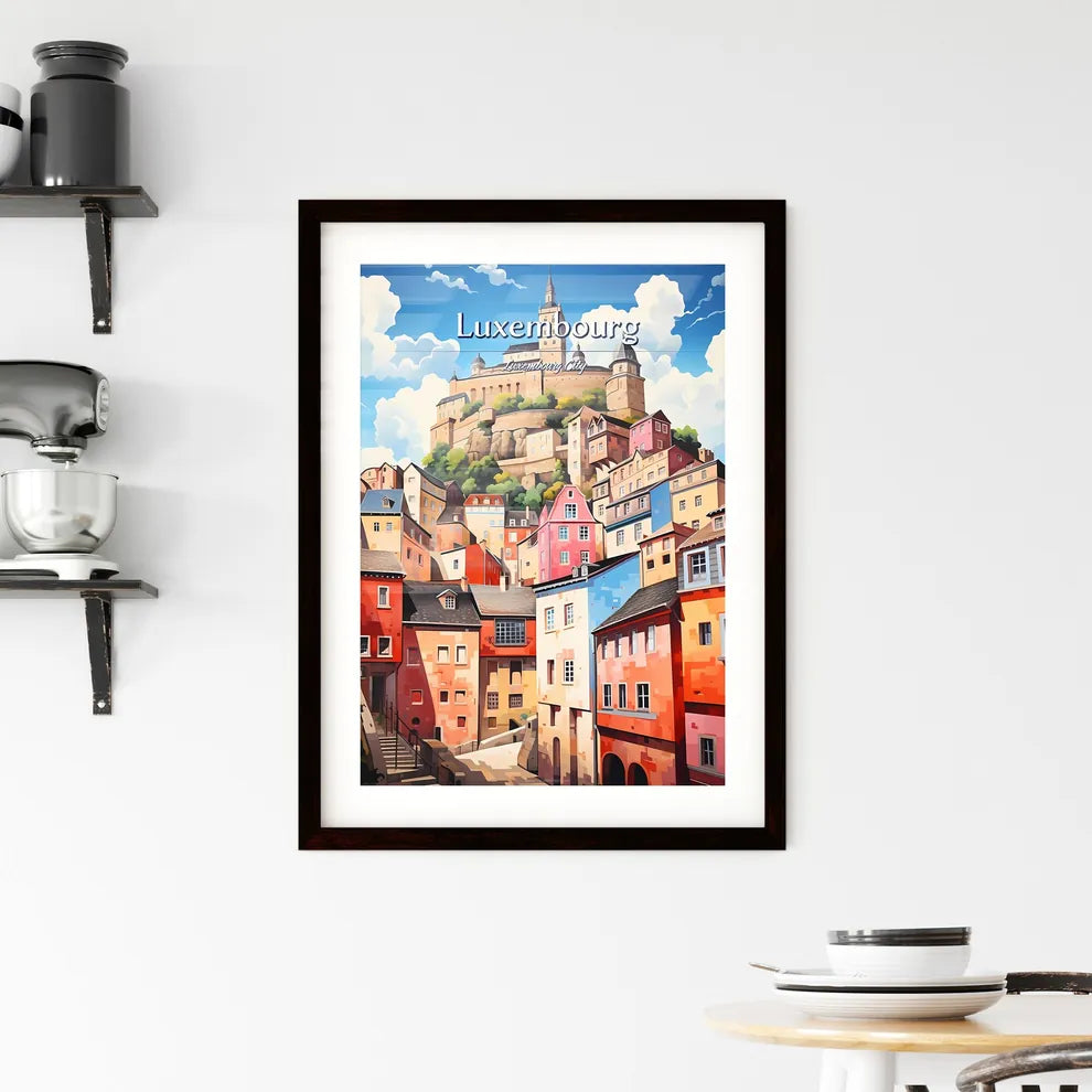 Luxembourg City, Luxembourg - Art print of a colorful buildings with a castle on a hill Custom Print