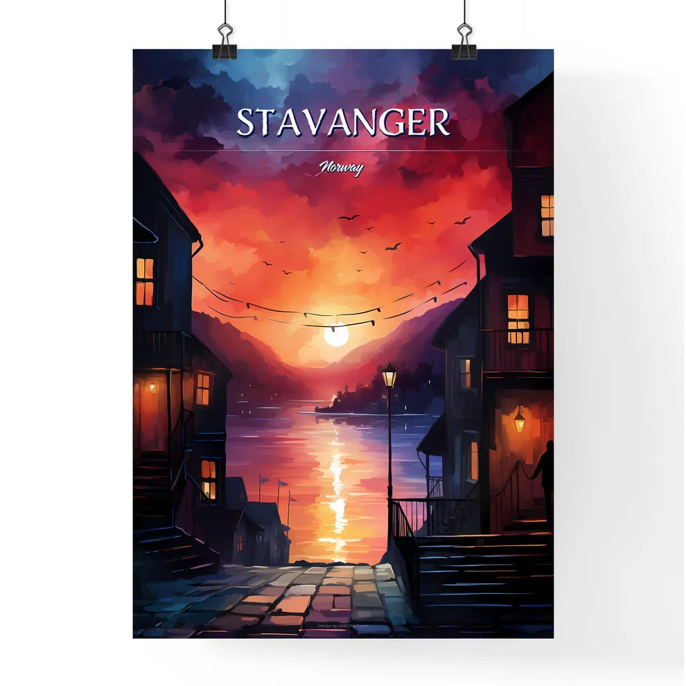 Stavanger, Norway - Art print of a painting of a city with a sunset Poster