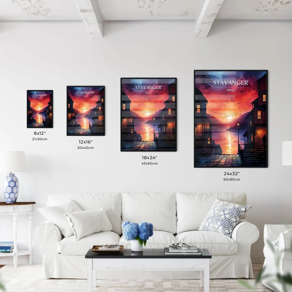 Stavanger, Norway - Art print of a painting of a city with a sunset Size Chart