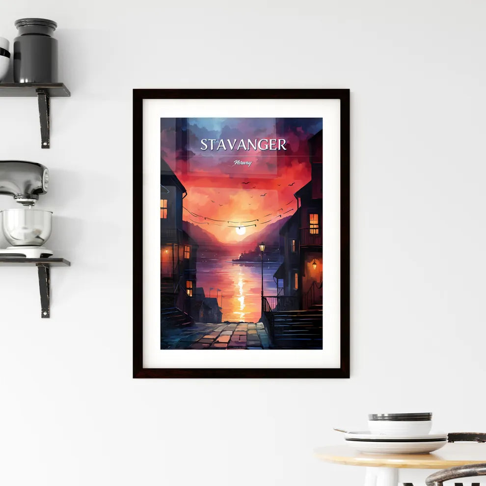 Stavanger, Norway - Art print of a painting of a city with a sunset Custom Print