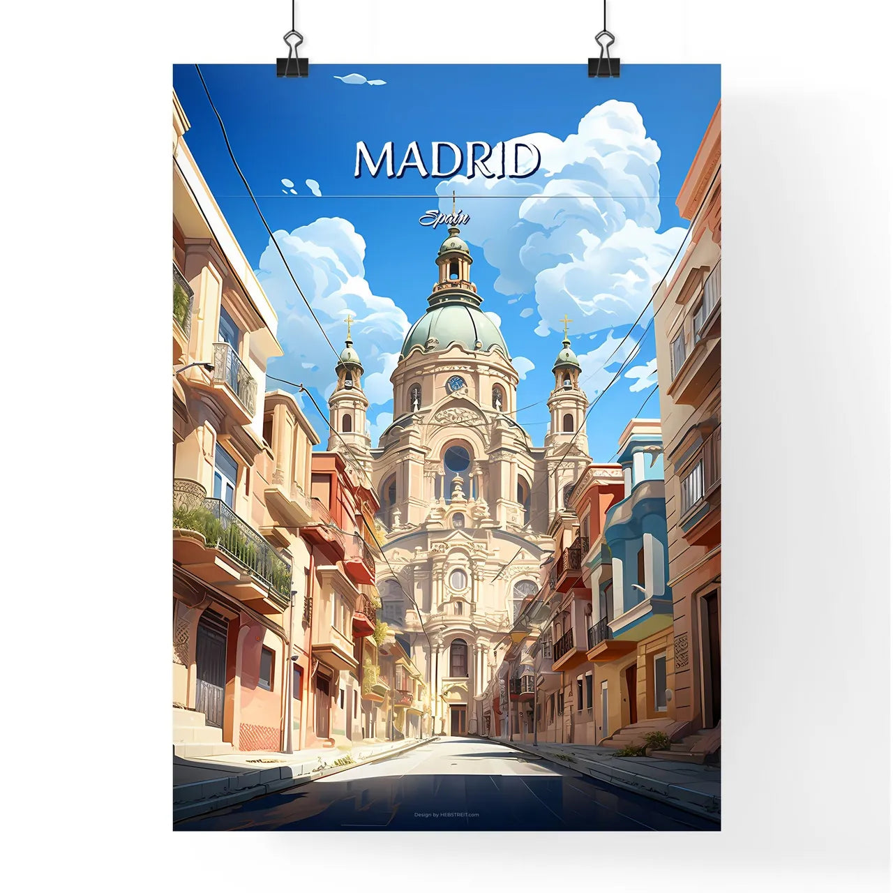 Madrid, Spain - Art print of a street with buildings and a large building Poster