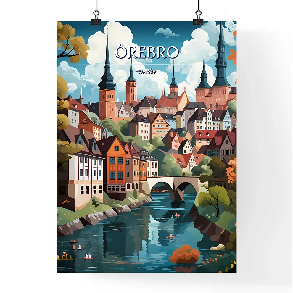 Örebro, Sweden, - Art print of a painting of a city with a bridge over a river Poster