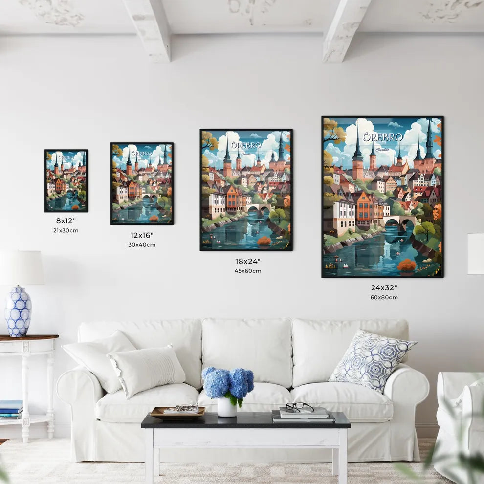 Örebro, Sweden, - Art print of a painting of a city with a bridge over a river Size Chart