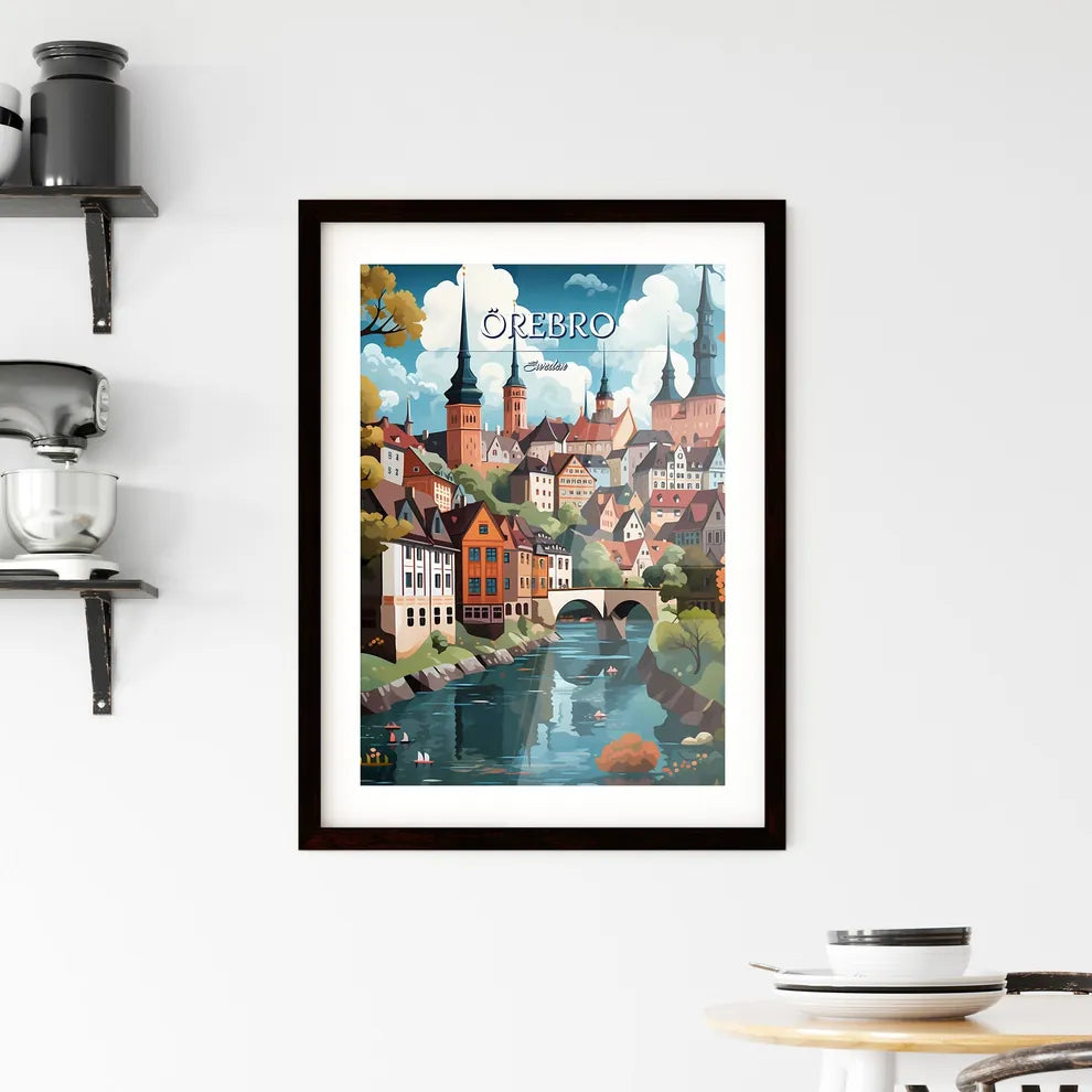 Örebro, Sweden, - Art print of a painting of a city with a bridge over a river Custom Print