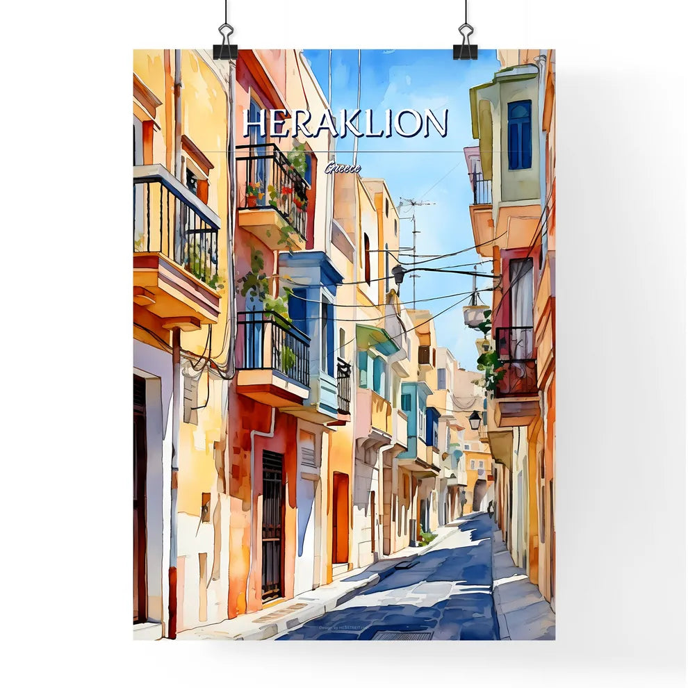 Heraklion, Greece - Art print of a watercolor of a street with buildings and a street with a street and a street with a street and a street with buildings Poster