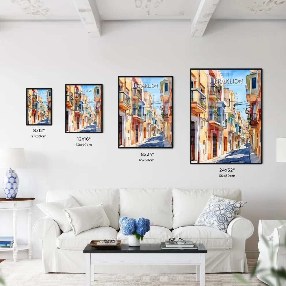 Heraklion, Greece - Art print of a watercolor of a street with buildings and a street with a street and a street with a street and a street with buildings Size Chart