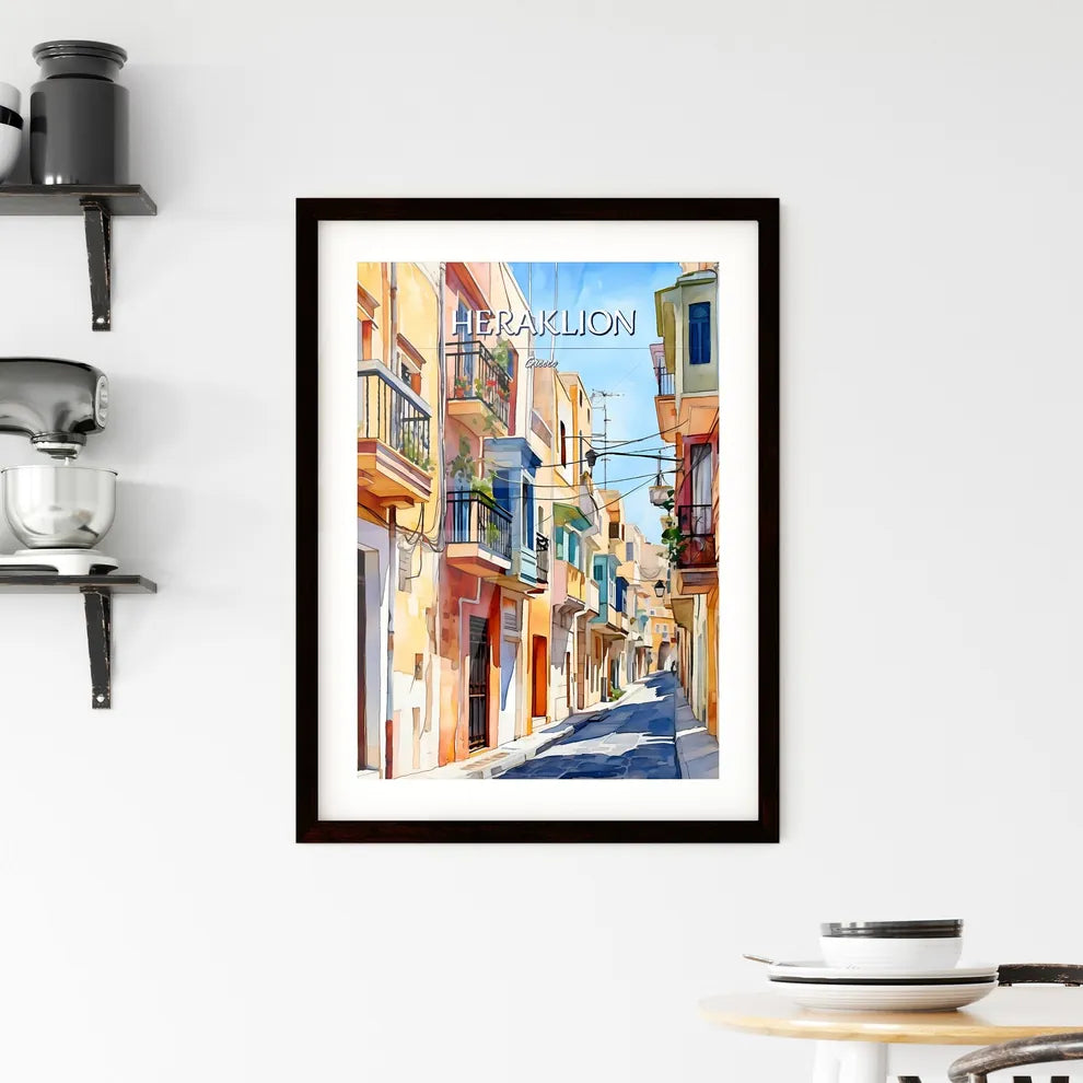 Heraklion, Greece - Art print of a watercolor of a street with buildings and a street with a street and a street with a street and a street with buildings Custom Print