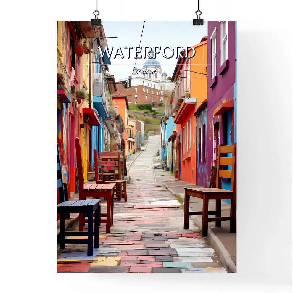 Waterford, Ireland - Art print of a colorful alley with chairs and tables Poster