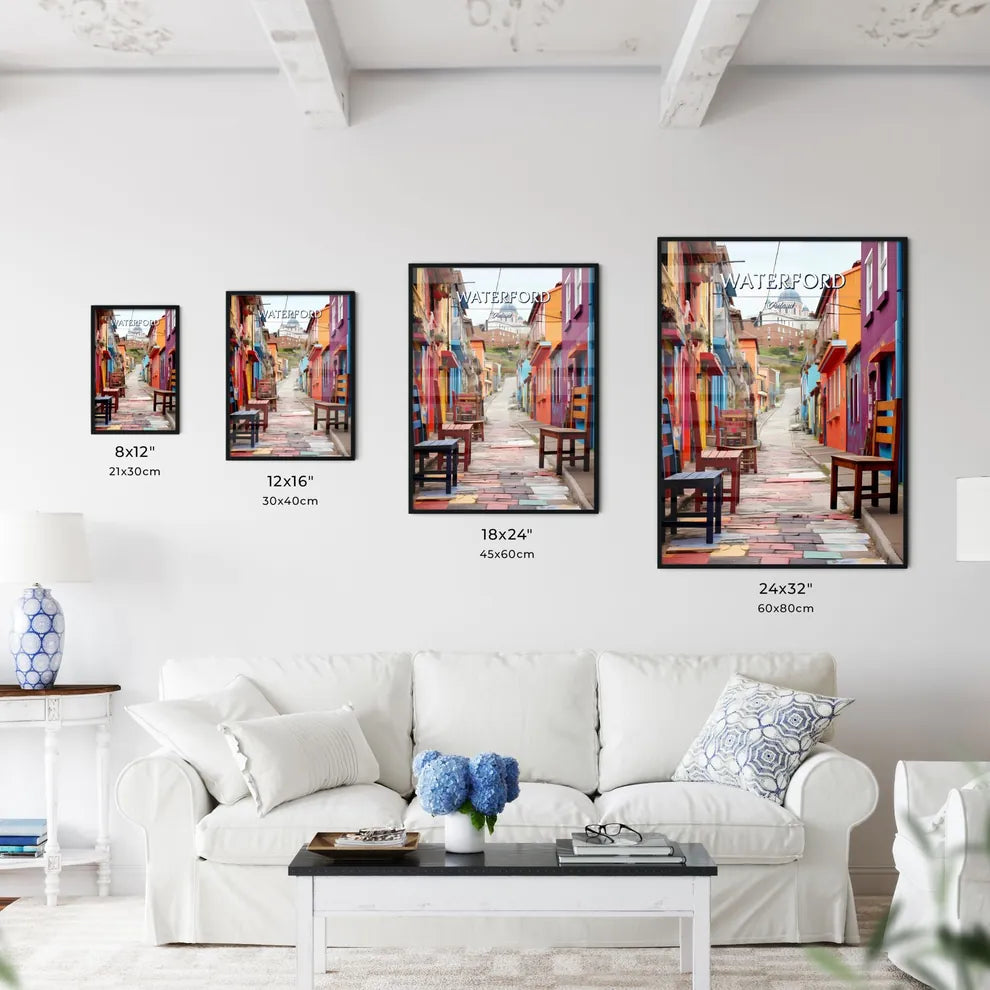 Waterford, Ireland - Art print of a colorful alley with chairs and tables Size Chart
