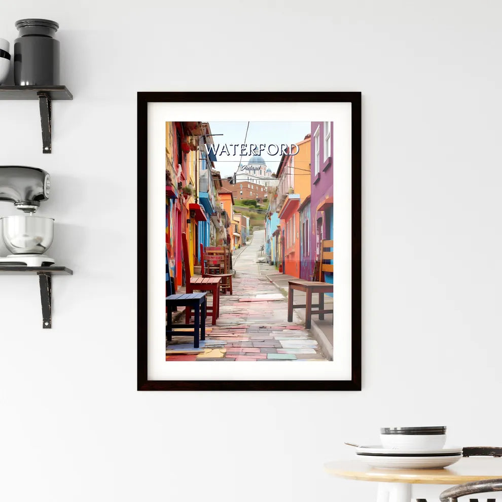 Waterford, Ireland - Art print of a colorful alley with chairs and tables Custom Print