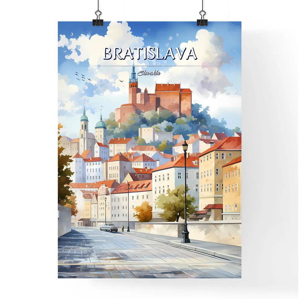 Bratislava, Slovakia - Art print of a street with a road and buildings on top of it Poster