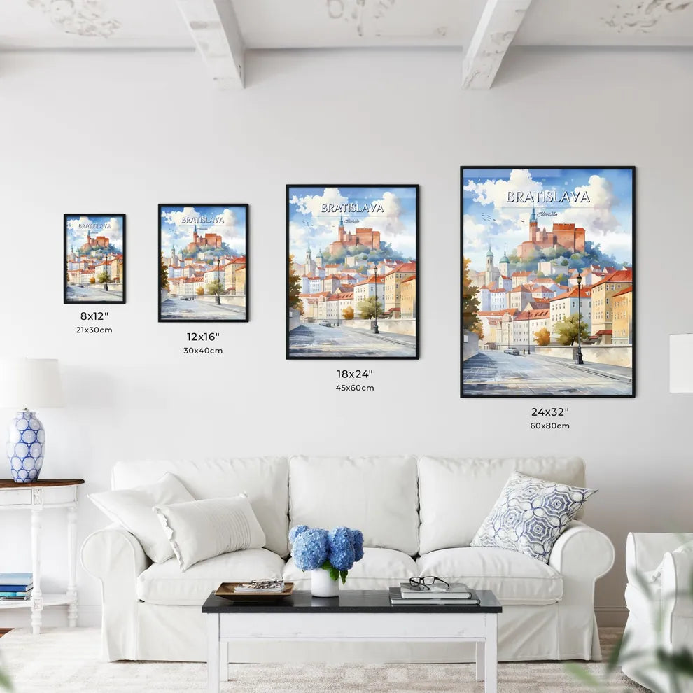 Bratislava, Slovakia - Art print of a street with a road and buildings on top of it Size Chart