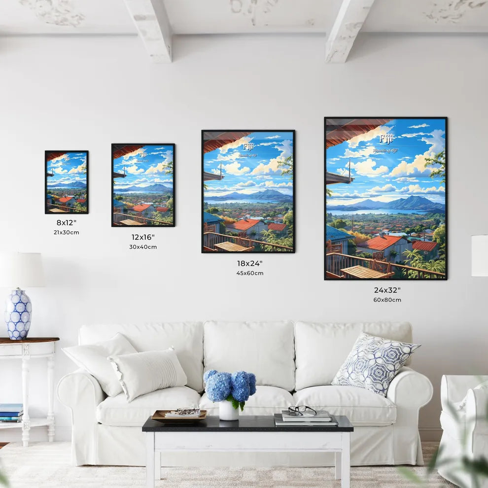 On the roofs of Fiji, Republic of Fiji - Art print of a view of a town from a balcony Size Chart