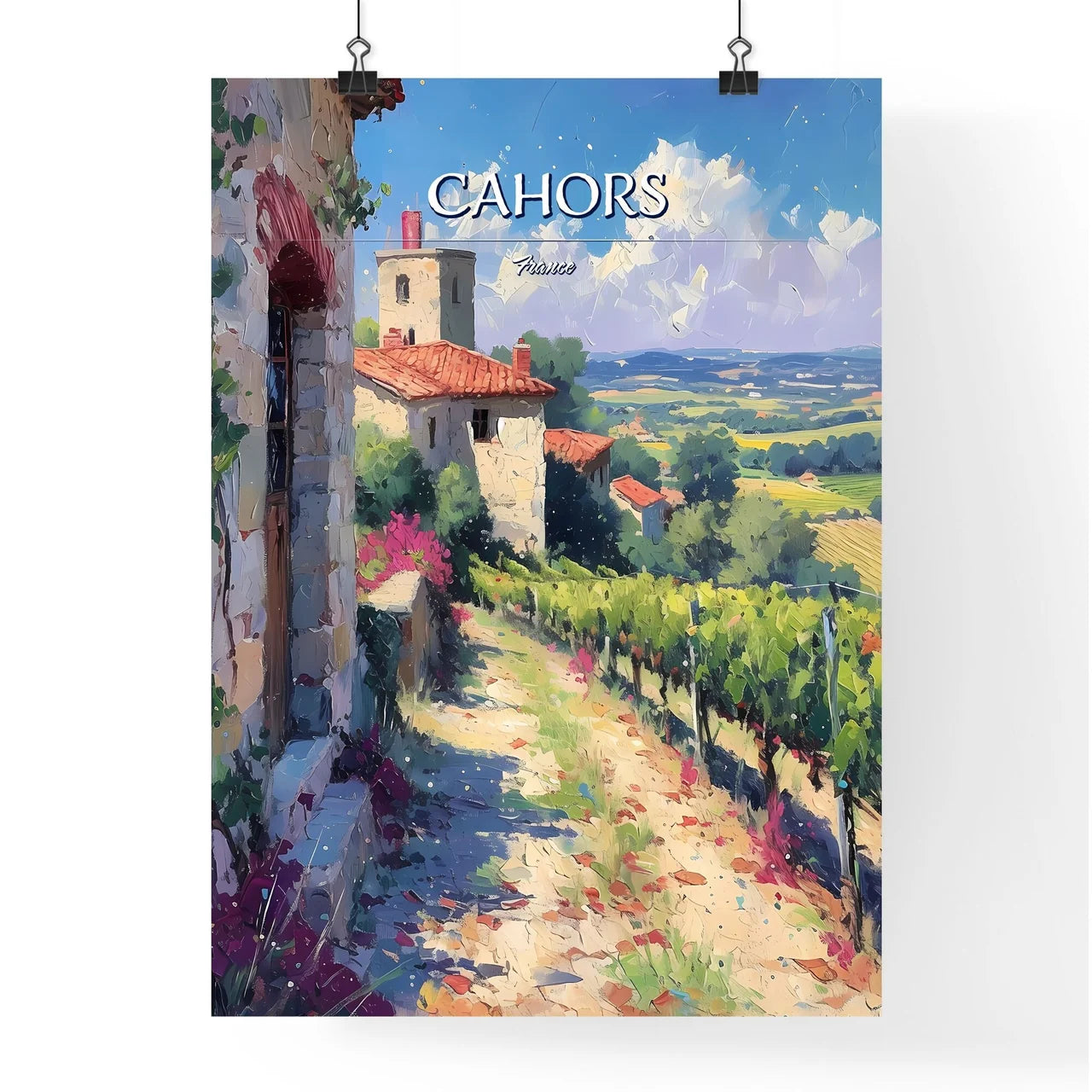 Cahors, France - Art print of a painting of a vineyard and buildings Poster
